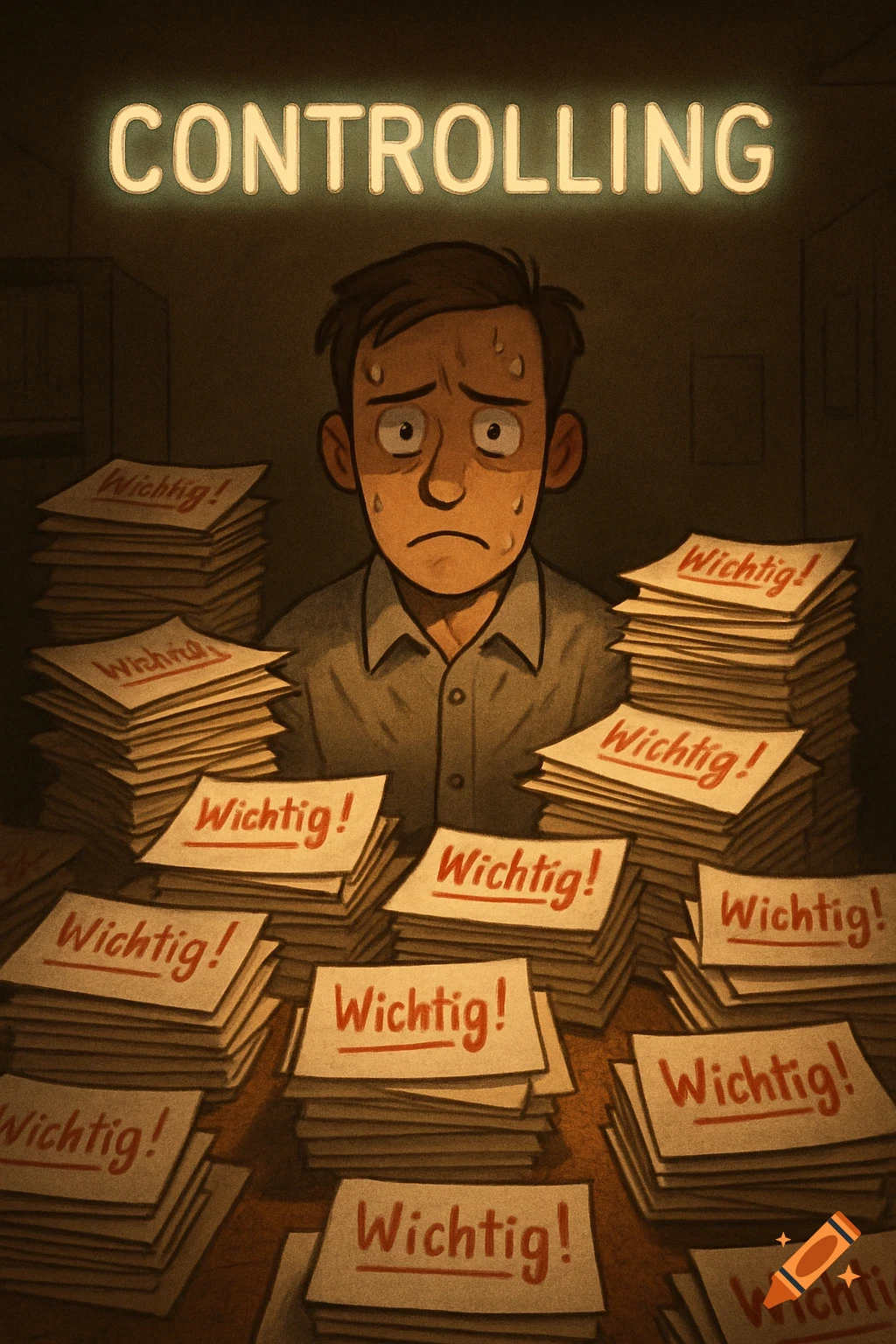 A cartoon illustration of a stressed man sweating behind a desk, overwhelmed by stacks of papers labeled "Wichtig!" with "CONTROLLING" glowing above.