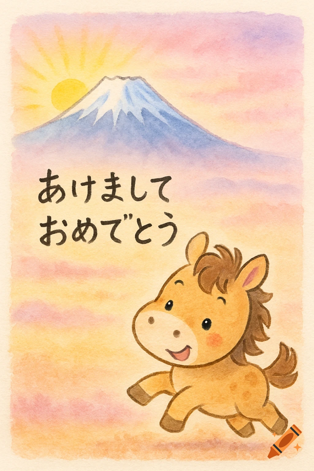 Cute watercolor illustration of a brown horse with Mount Fuji and a sunrise in the background. Japanese text reads 'Akemashite Omedetou'.