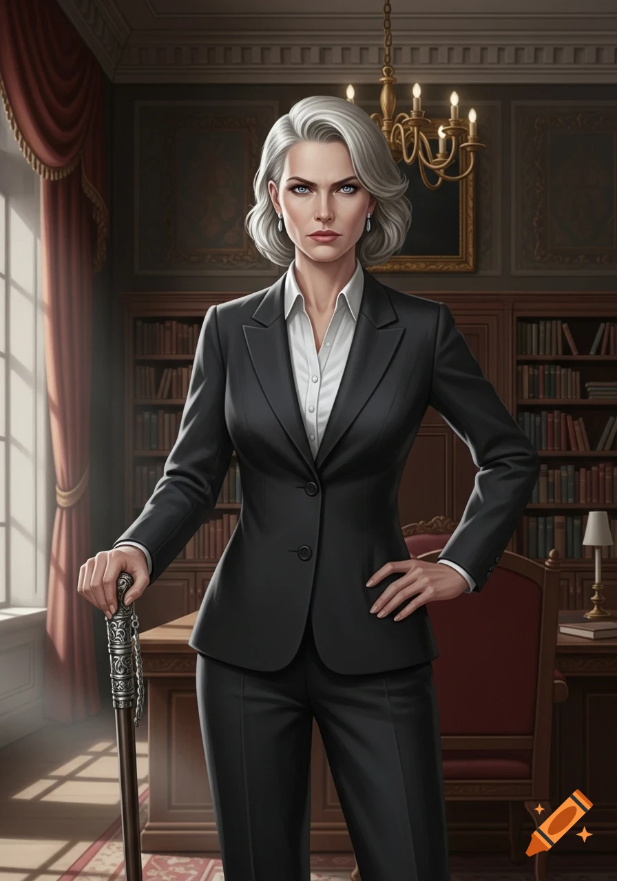 A strict-looking woman in a black suit and white shirt, holding a cane, stands in an elegant, wood-paneled office.