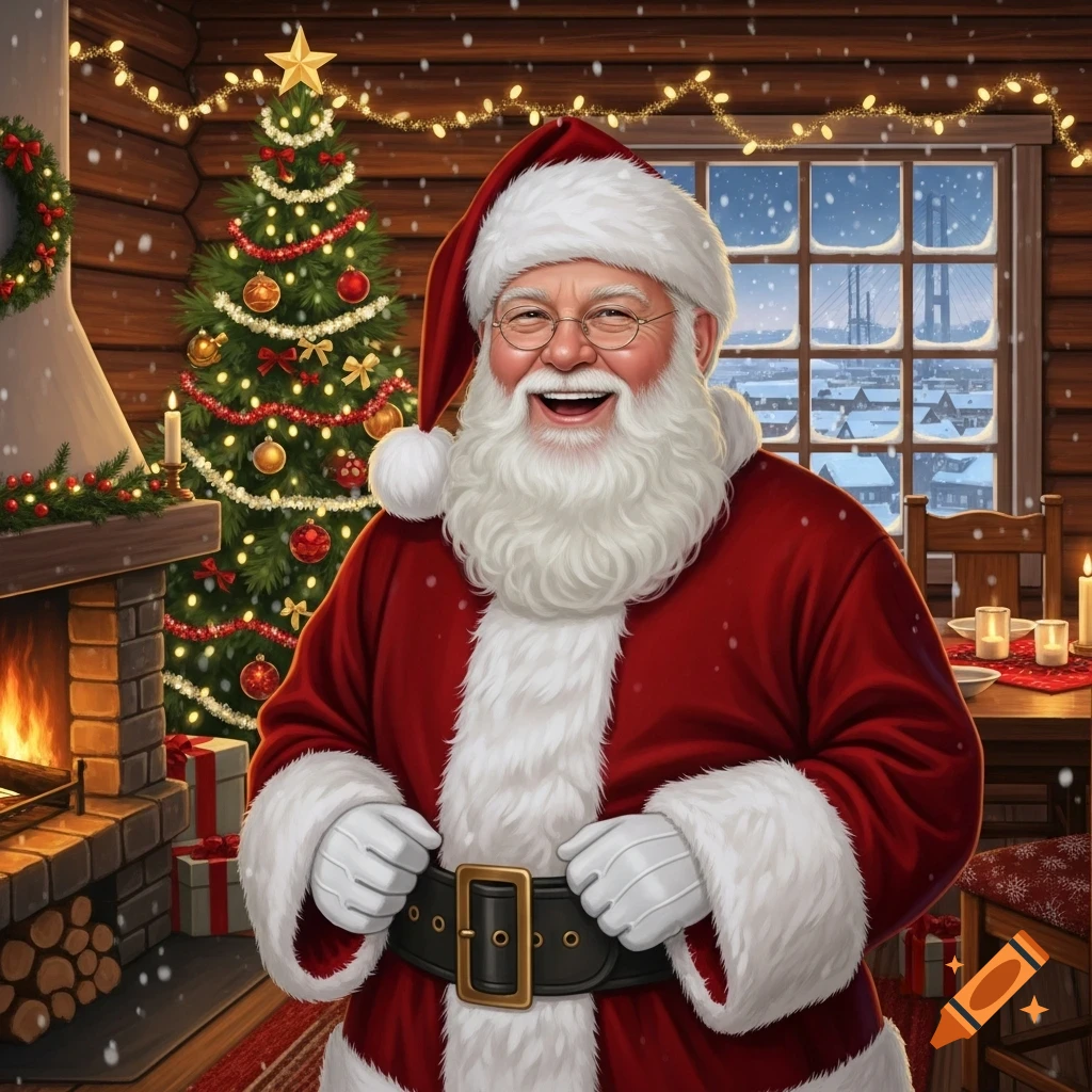 Jovial Santa Claus in a red suit stands in a festive log cabin with a Christmas tree, fireplace, and snowy window view.