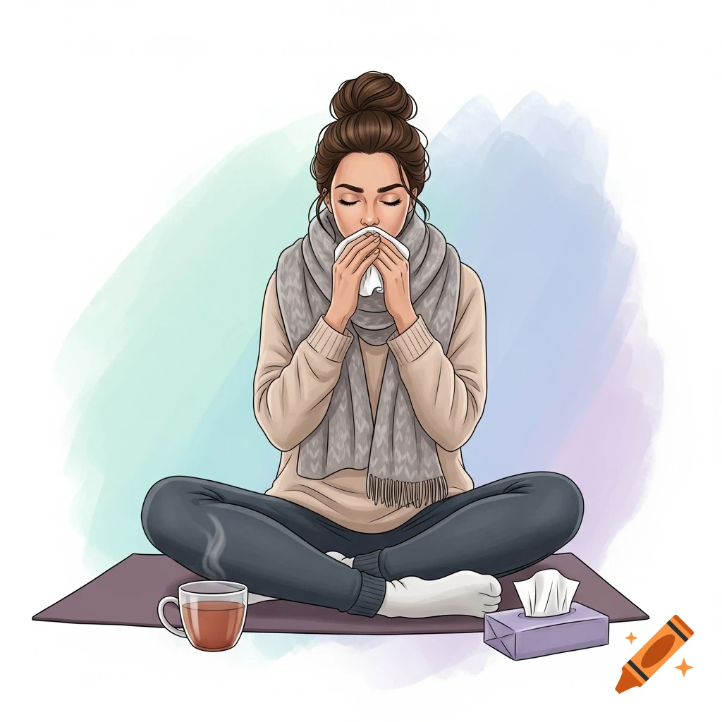 Cartoon illustration of a woman with a bun and scarf, sitting on a yoga mat, blowing her nose, with tea and tissues.