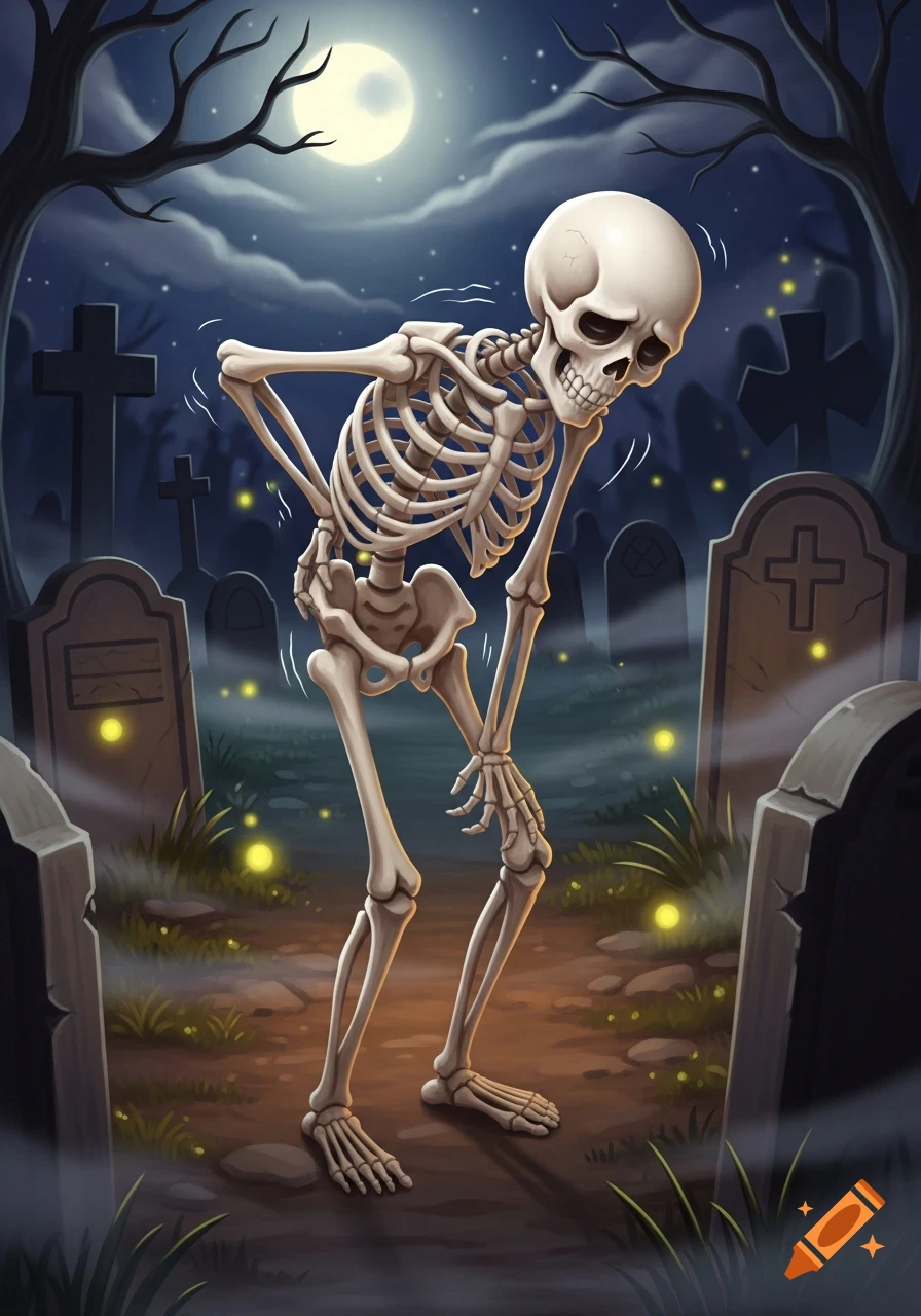 A cartoon skeleton clutches its aching lower back, standing crooked in a moonlit graveyard with fireflies, stylized illustration.