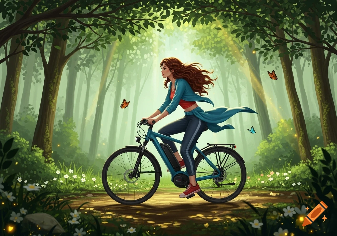 Stylized illustration of a woman riding a blue e-bike through a sunny green forest path with butterflies.