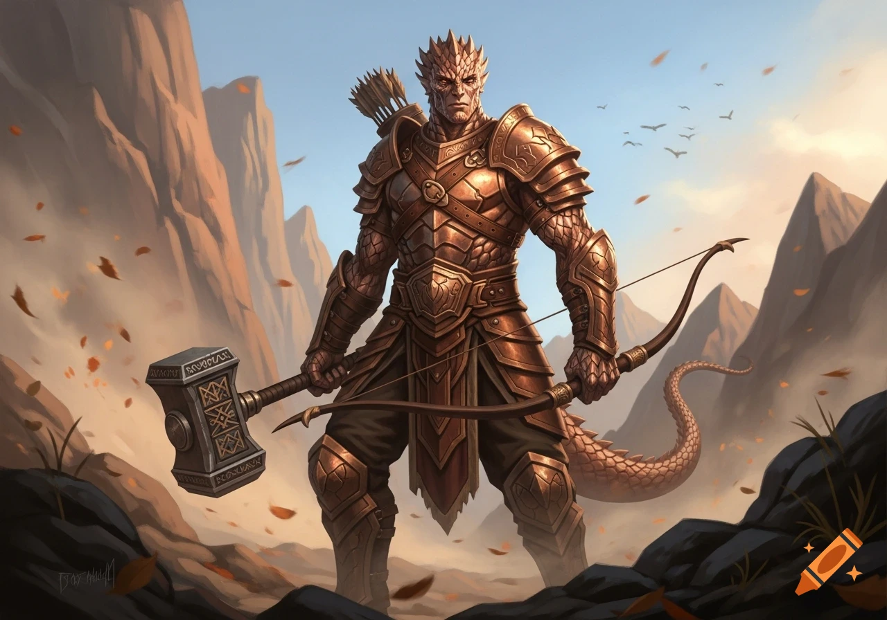 A bronze dragonborn ranger in scaled armor, wielding a warhammer and a longbow, stands heroically in a rocky, mountainous landscape.