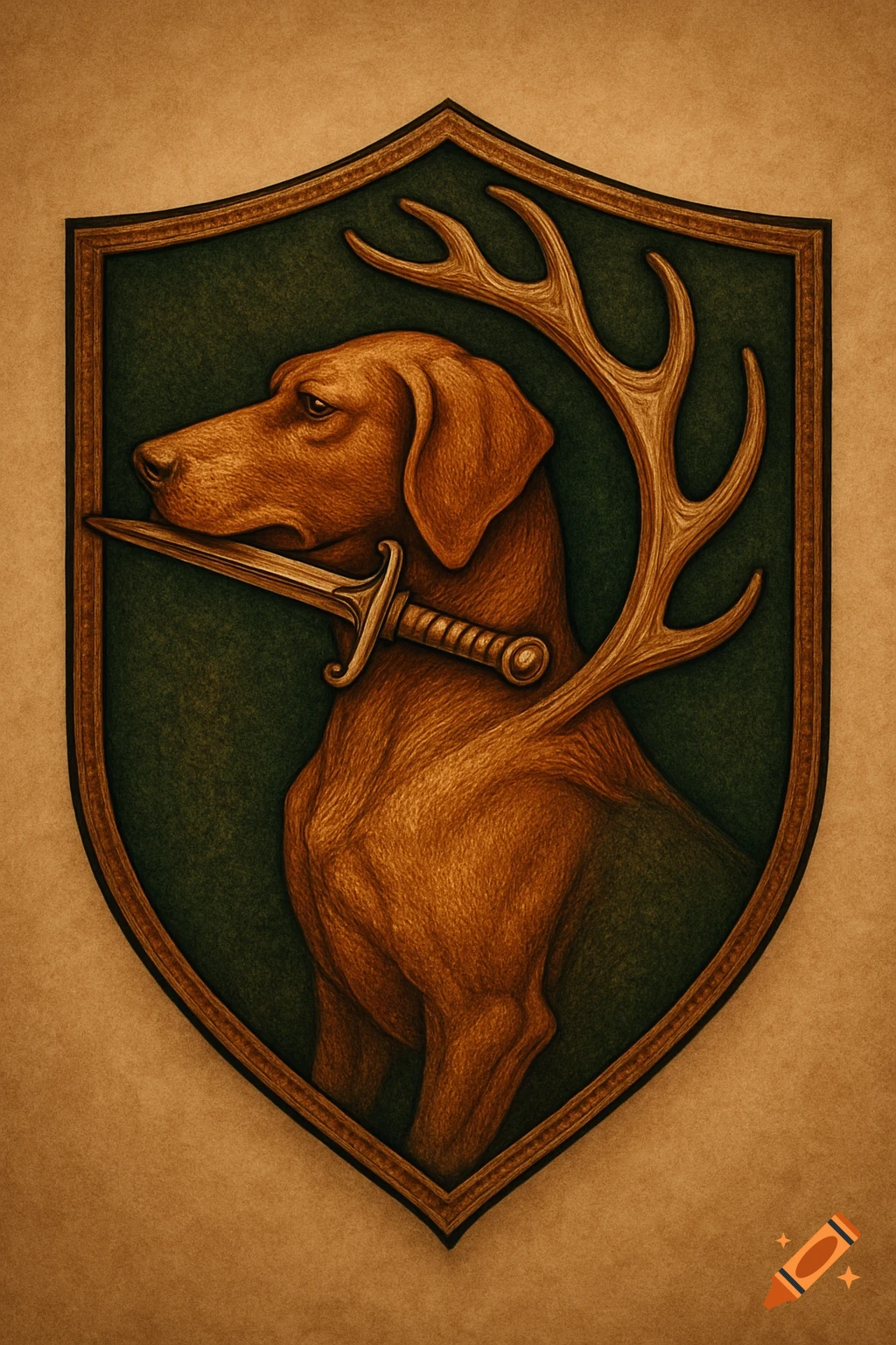 Stylized brown hunting dog with a dagger and antlers on a dark green heraldic shield emblem.