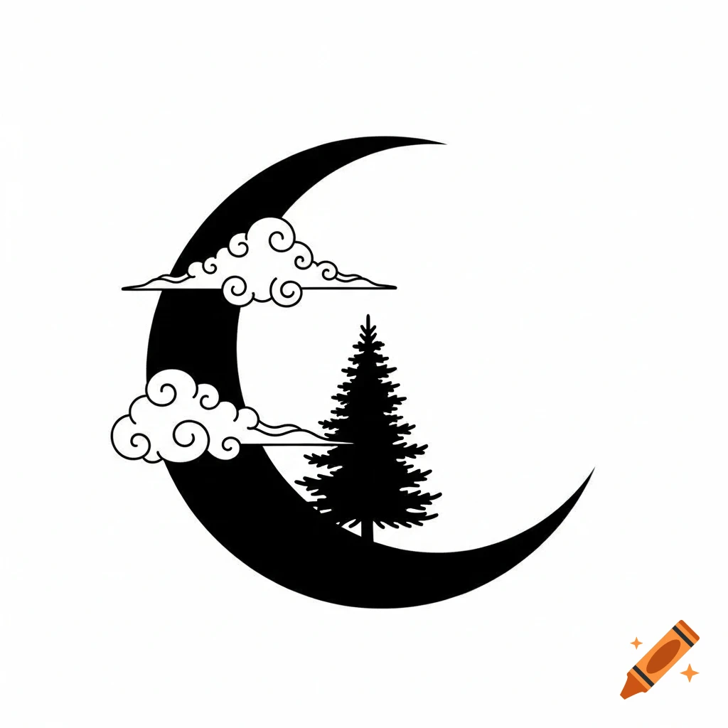 Minimalist black and white stencil of a crescent moon, stylized swirling clouds, and a pine tree.