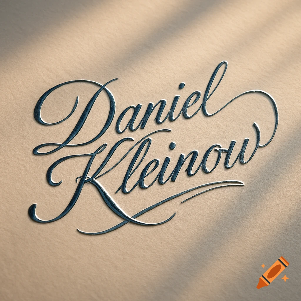 Elegant dark blue calligraphic script spelling 'Daniel Kleinow' with a raised, textured effect on a light beige background.