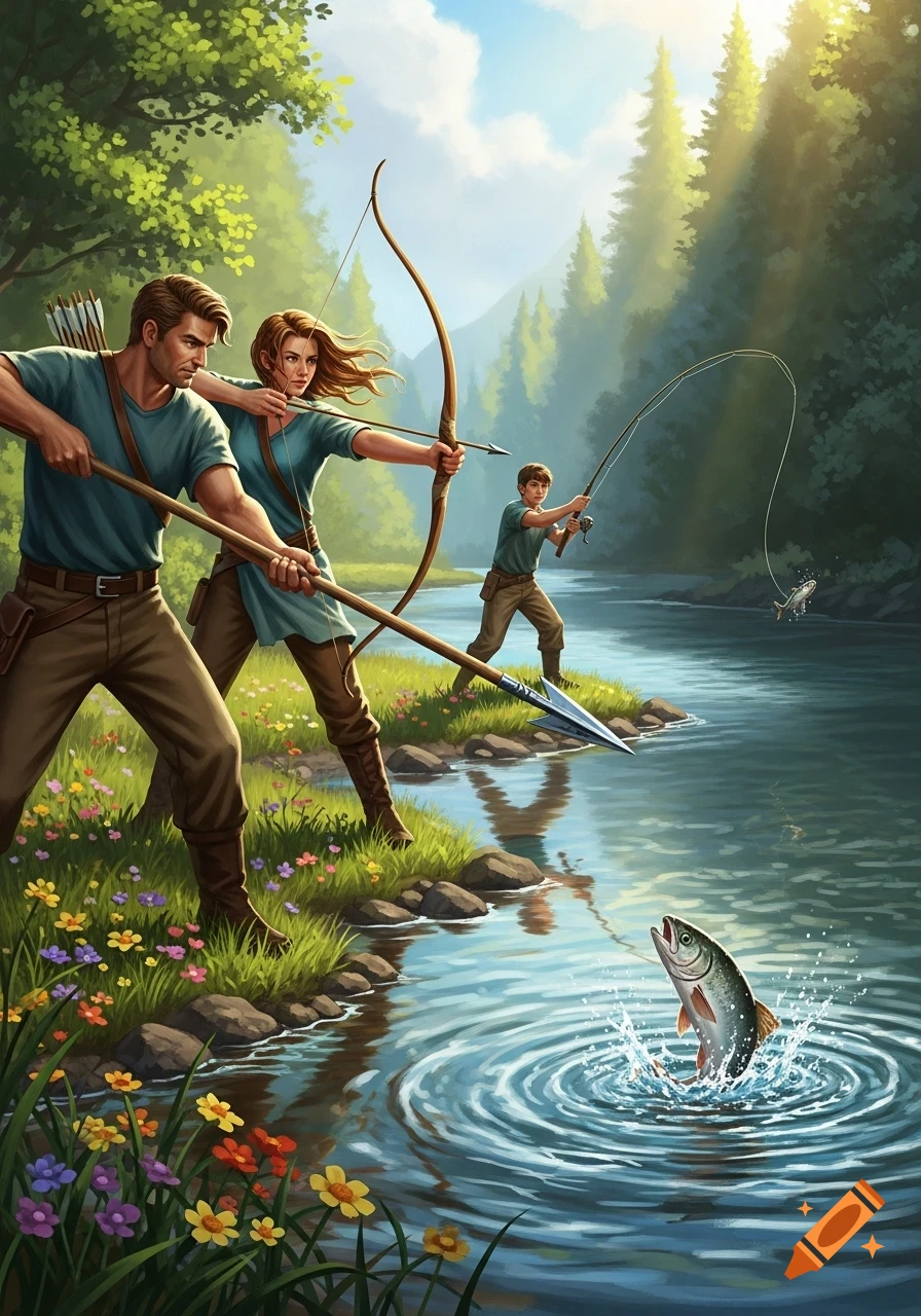A man with a spear, a woman with a bow, and a boy fishing by a river in a lush forest, with a fish jumping from the water.