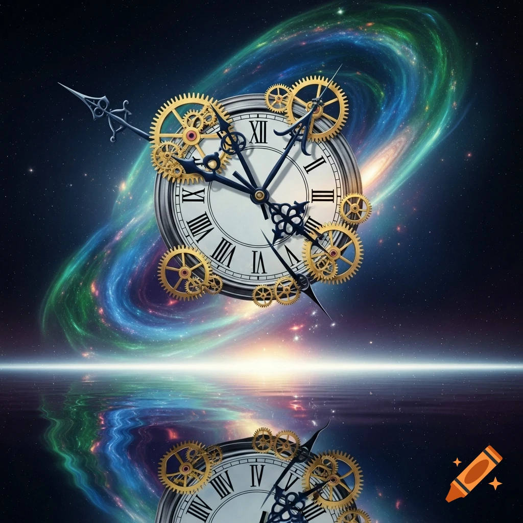 A vintage clock face with golden gears against a swirling colorful galaxy, reflected in still water below.