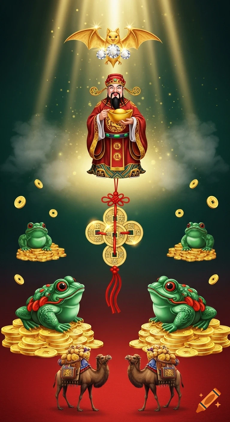 Traditional Chinese art depicting the God of Wealth, a golden bat, money frogs, and camels with treasure on a red and green background.
