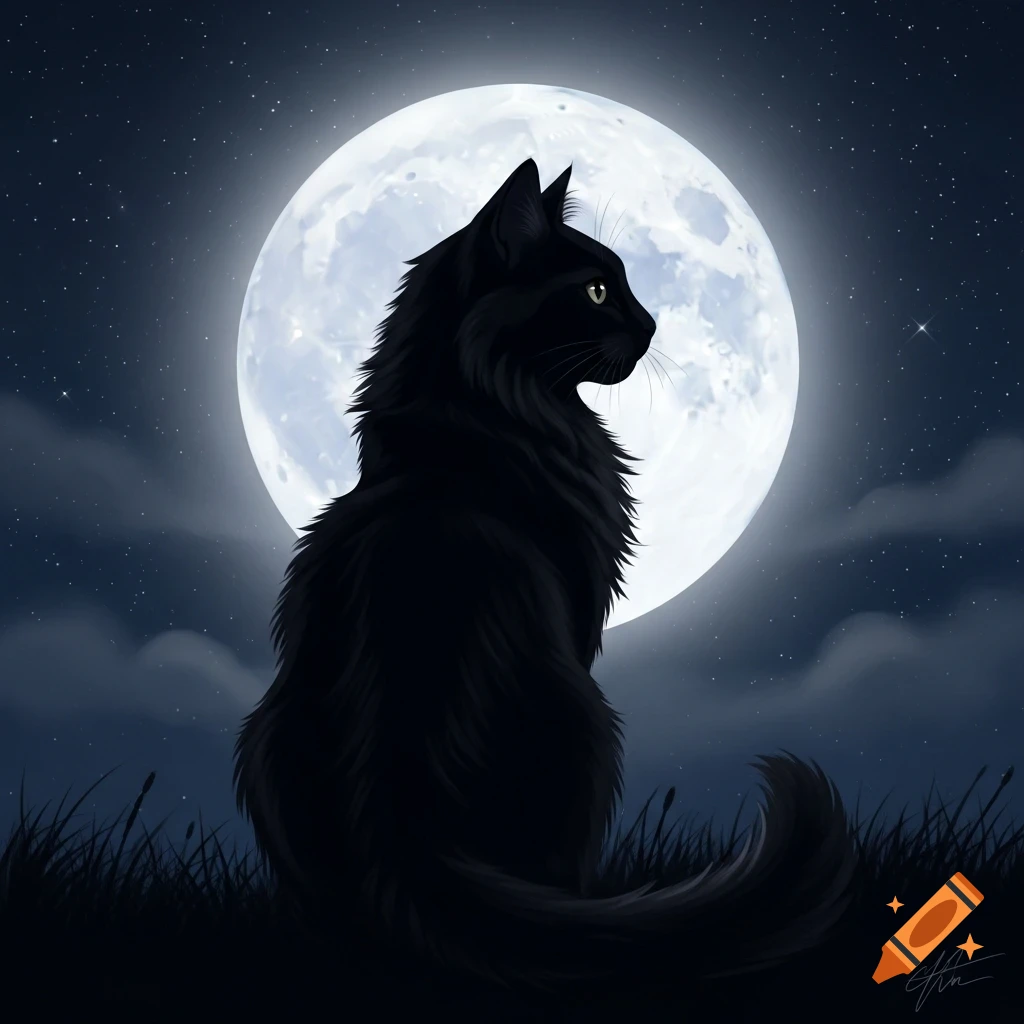 A stylized illustration of a black long-haired cat sitting in profile against a luminous full moon in a dark, starry night.