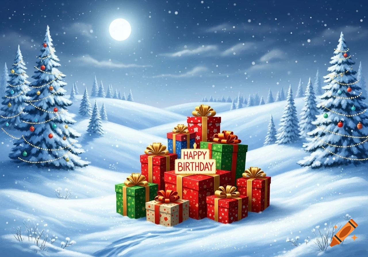 A snowy winter landscape with decorated Christmas trees, a full moon, and a pile of colorful birthday gifts, one with 'HAPPY BIRTHDAY' written on it.