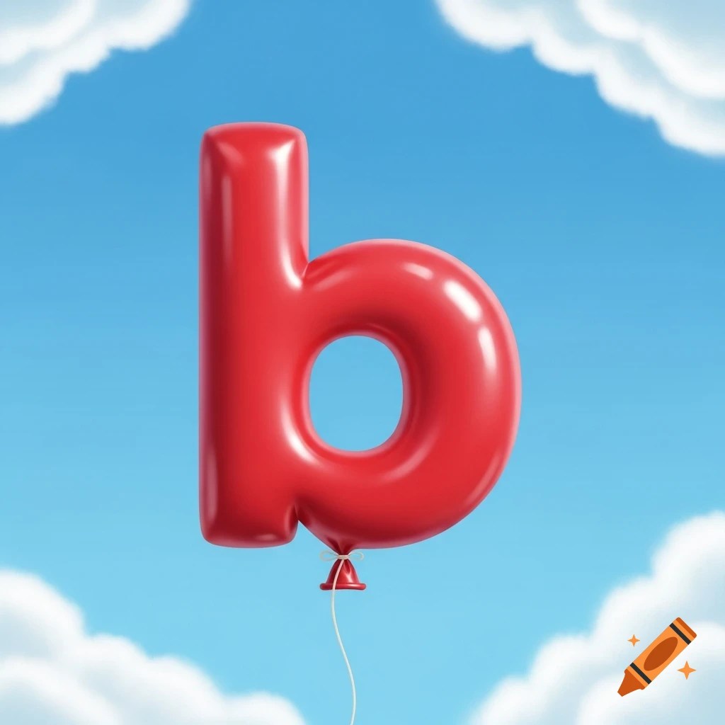 A vibrant red balloon shaped like the lowercase letter 'b' floats against a clear blue sky with fluffy white clouds.