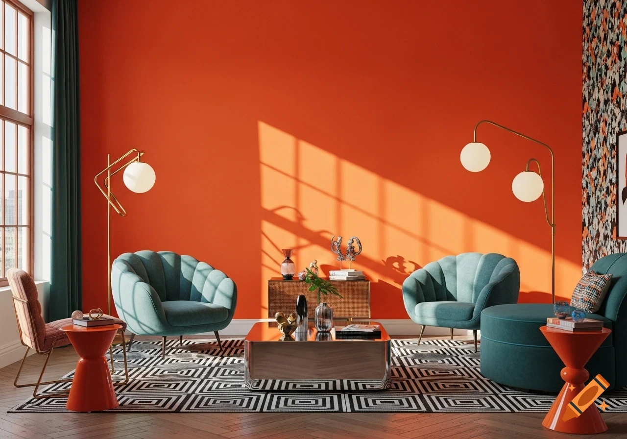 A vibrant living room with an orange wall, teal armchairs, modern furniture, and a black-and-white geometric rug, illuminated by sunlight.