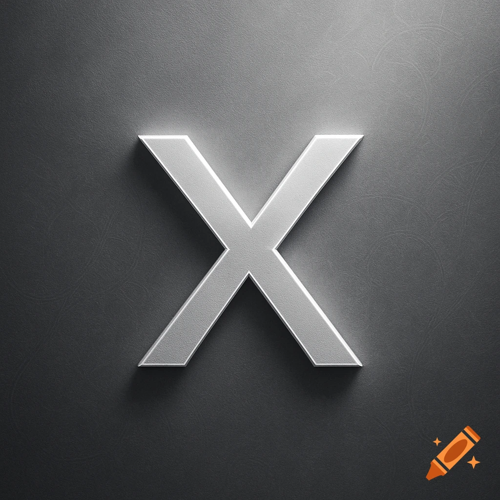 A stylized silver letter X with a metallic texture, casting a subtle shadow on a dark grey textured background.