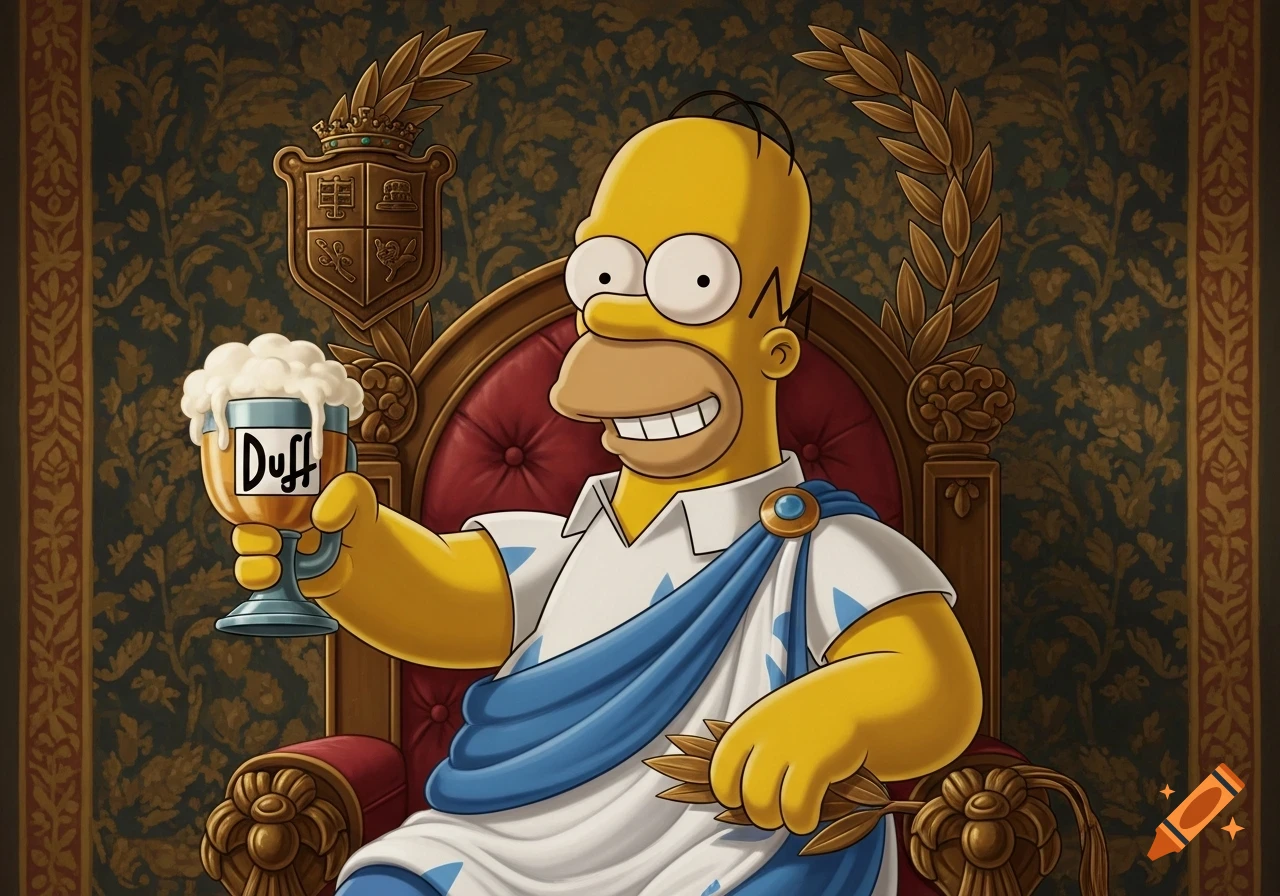 Homer Simpson as a Roman emperor sitting on a throne, holding a mug of Duff beer.