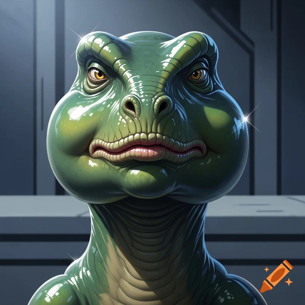 Close-up of a grumpy green dinosaur head with shiny, swollen features, resembling botox, in a futuristic setting.