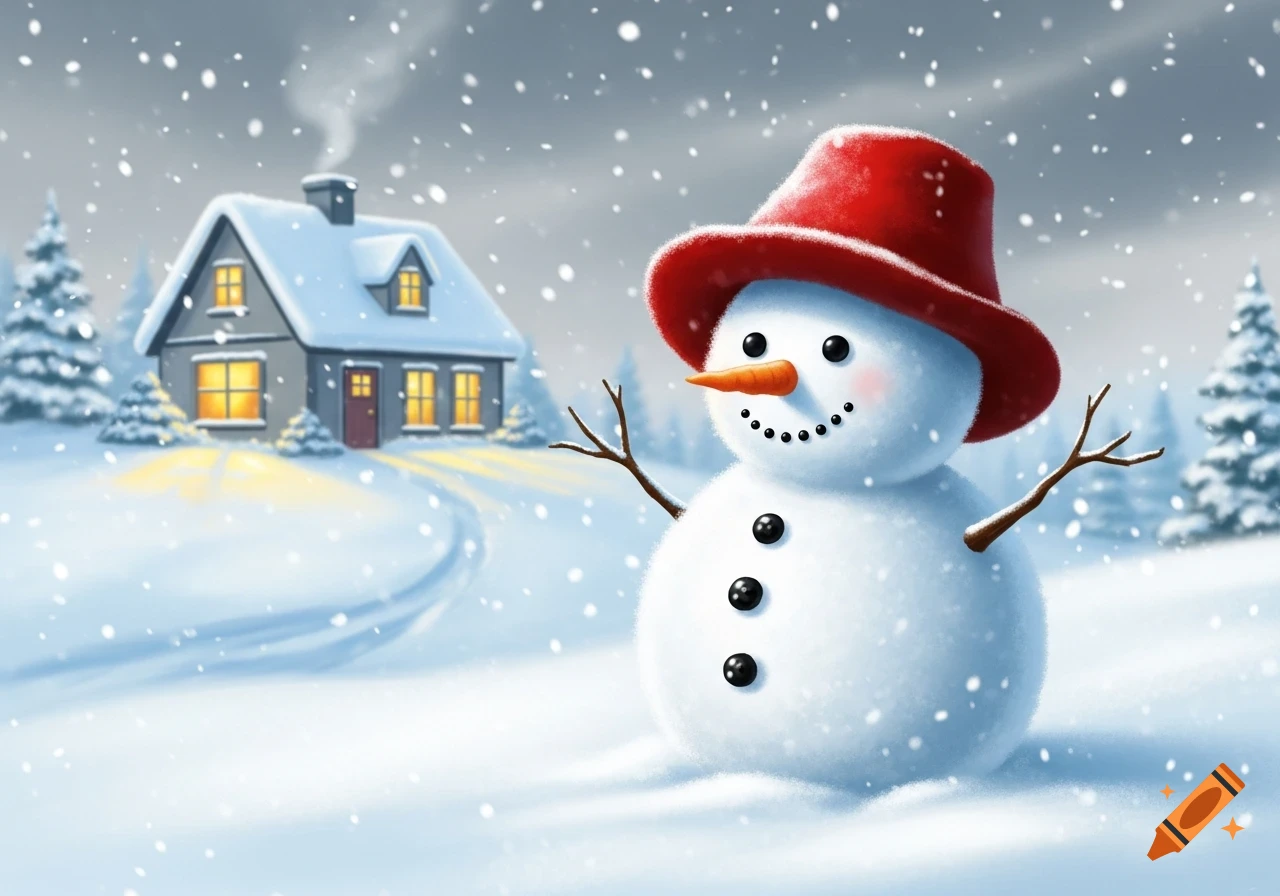 A friendly snowman with a red hat stands in a snowy field with a cozy house in the background, illustration.