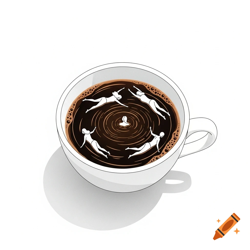A minimalist illustration shows several figures swimming in a large cup of dark coffee, creating ripples.