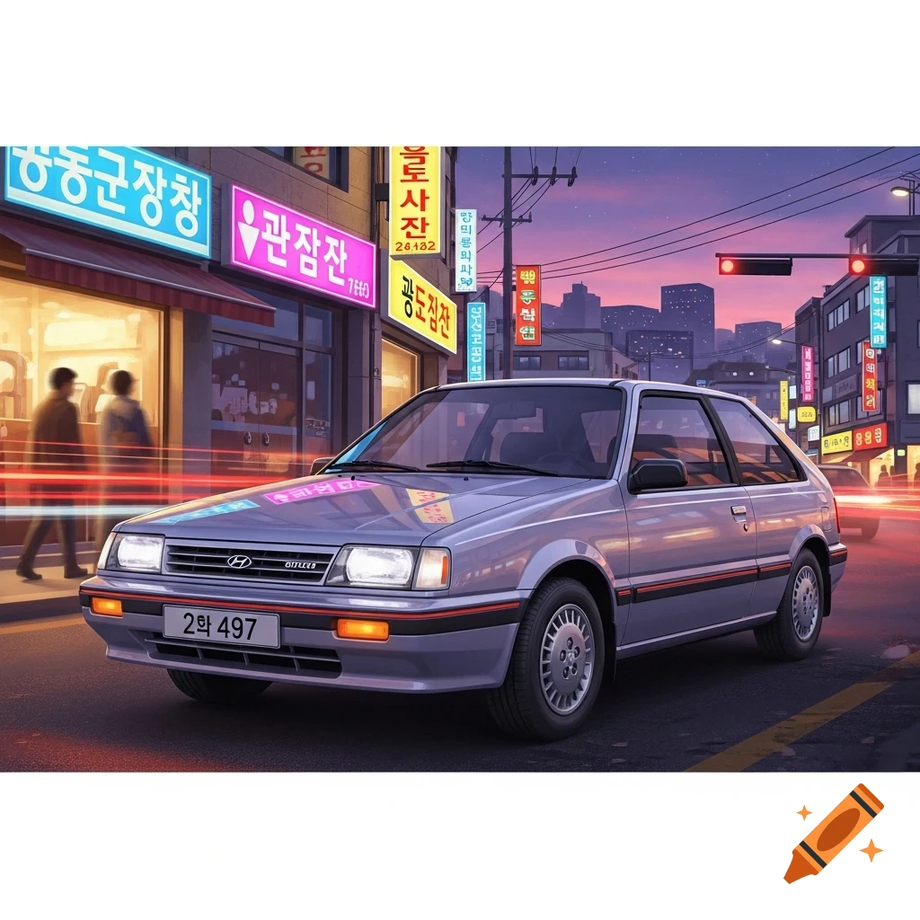 A silver 1980s Hyundai hatchback parked on a city street at dusk, with neon signs in the background and a pink and purple sky.
