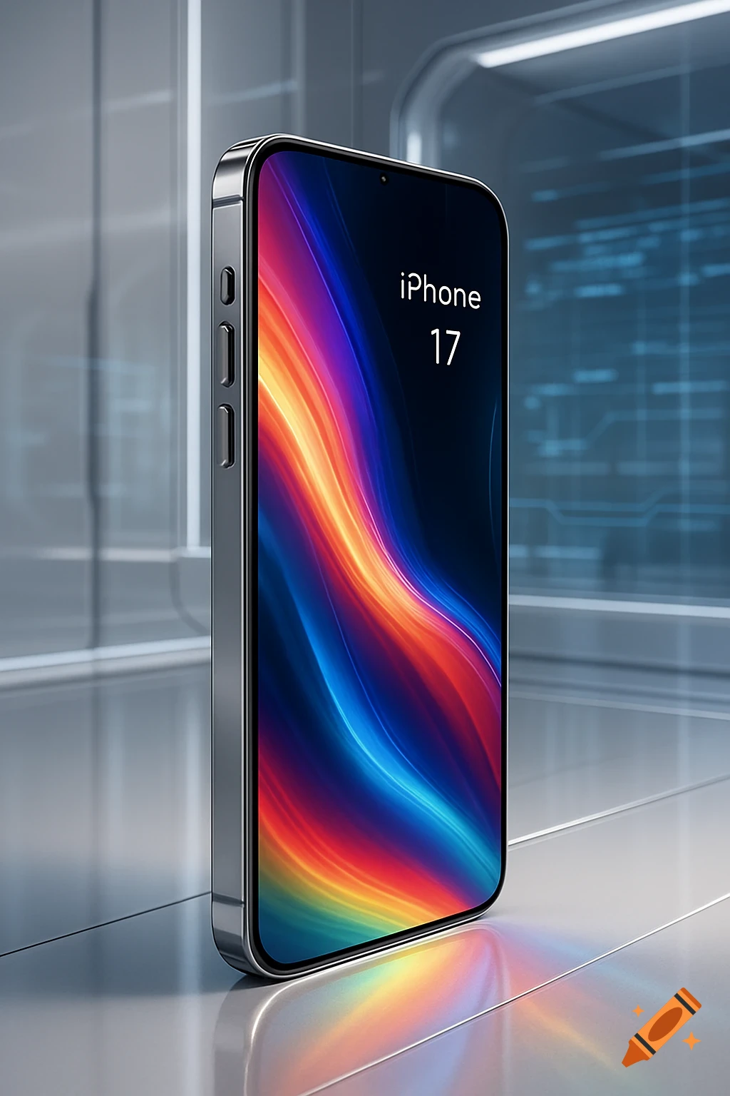 A silver iPhone 17 displaying a vibrant, abstract rainbow wallpaper, standing on a reflective surface in a modern setting.