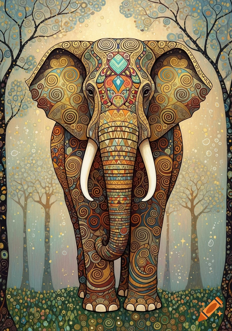 An elephant covered in intricate, colorful, swirling Art Nouveau patterns stands in a forest of similar stylized trees.