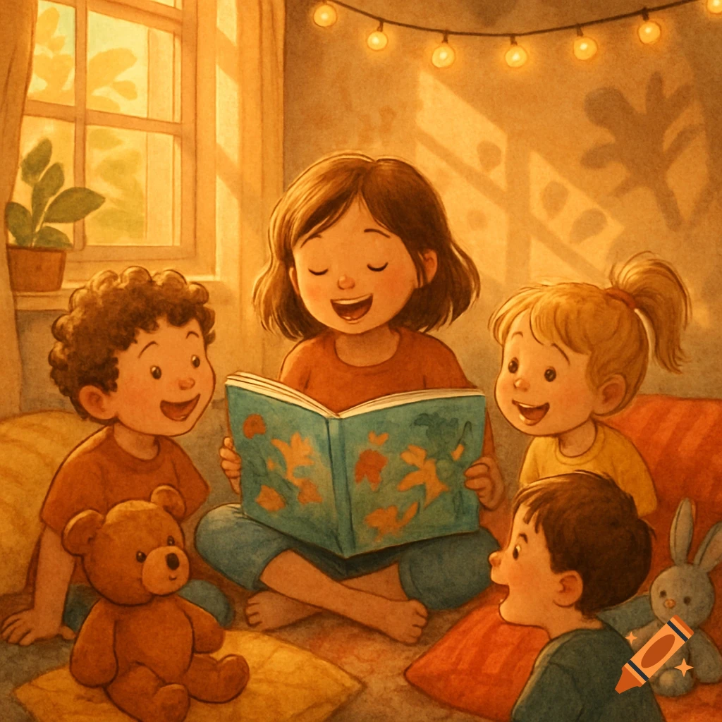 Watercolor illustration of a group of children and stuffed animals gathered around an older child reading a book in a warm, cozy room.