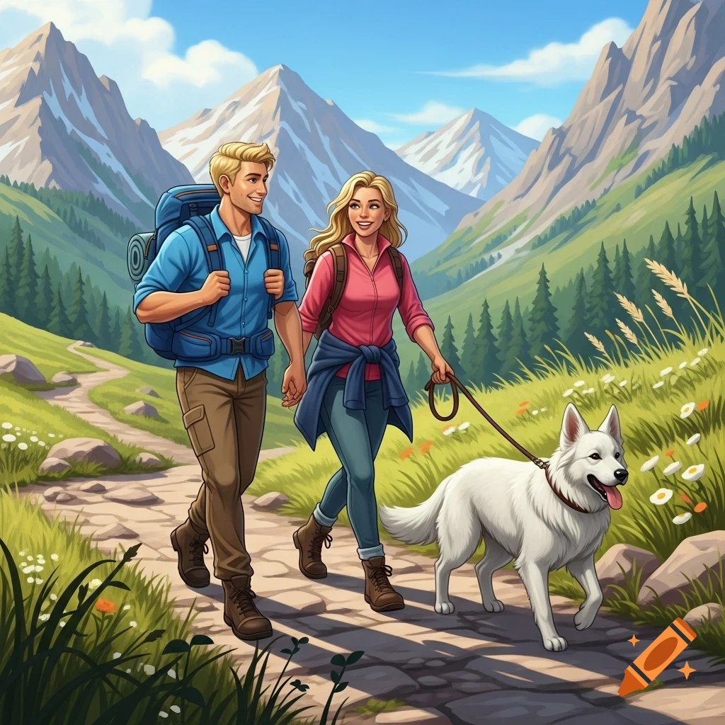 A blonde couple with backpacks hikes a mountain path with their white dog on a leash, surrounded by snowy peaks and green valleys in a bright cartoon style.