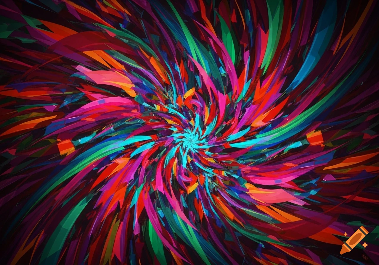 Vibrant abstract art featuring a spiral of sharp, colorful fragments in red, pink, orange, green, and blue on a dark background.