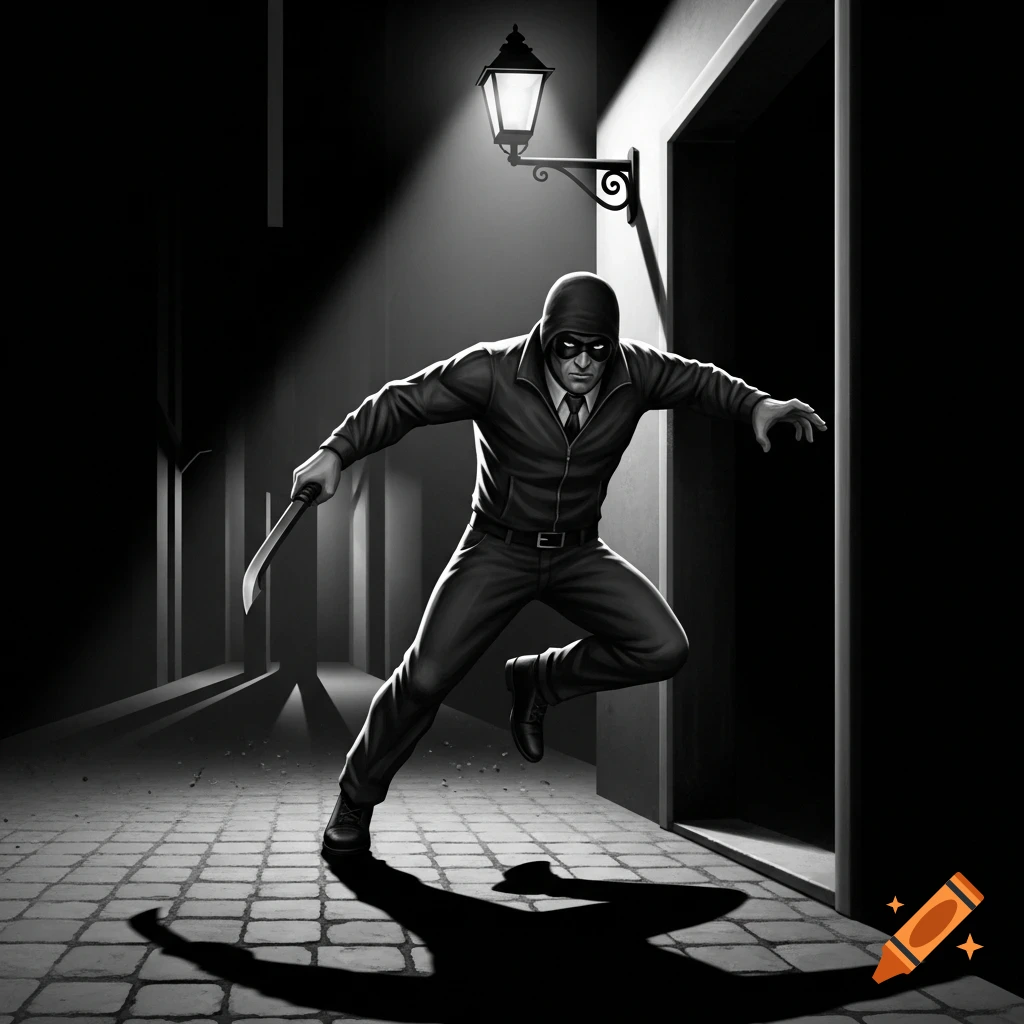 A stylized black and white illustration of a masked robber with a knife, creeping in a dark alley under a street lamp.