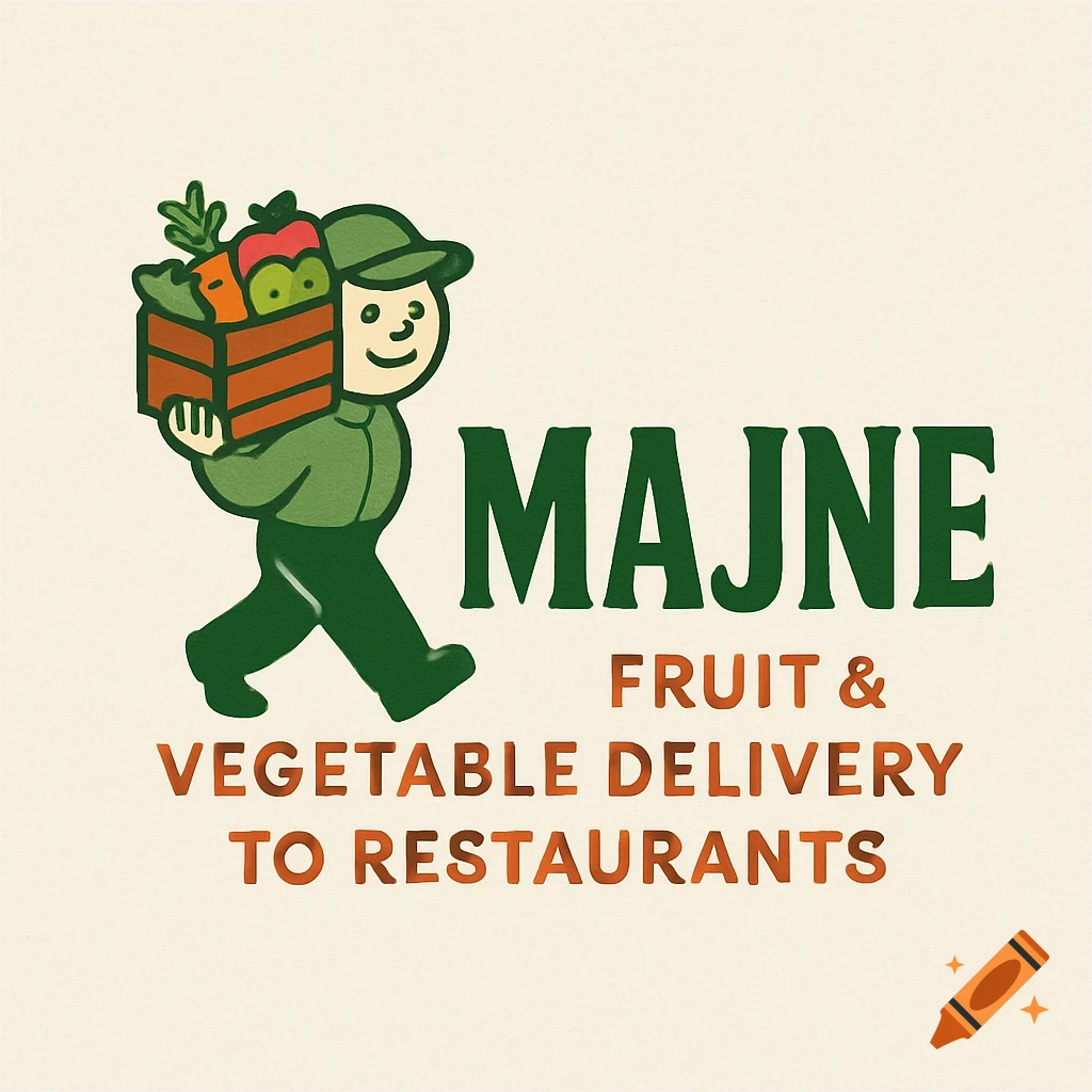Retro-style logo featuring a smiling mascot carrying a crate of fresh fruits and vegetables, with 'MAJNE FRUIT & VEGETABLE DELIVERY TO RESTAURANTS' text.