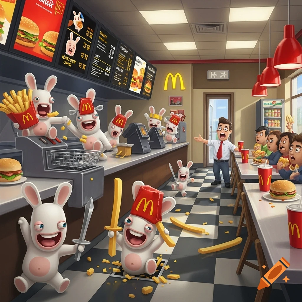 Cartoon Rabbids cause chaos in a McDonald's, serving fries, wielding weapons, and alarming customers and a manager.
