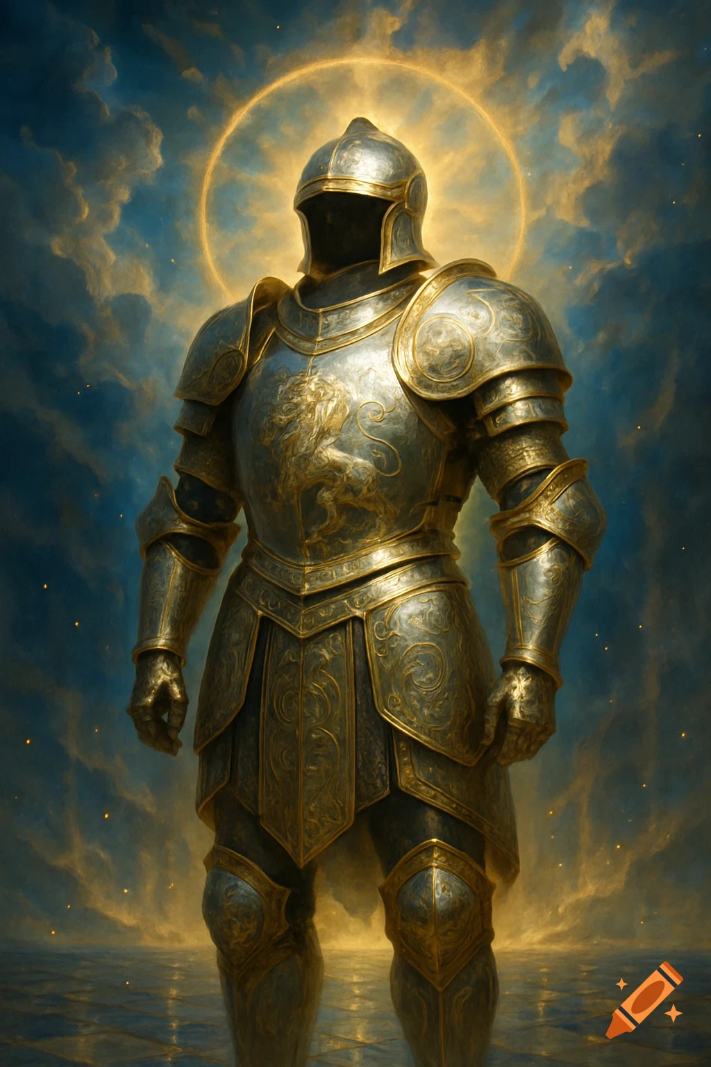 An imposing knight in ornate gold and silver armor, with a glowing halo, stands on a reflective surface under a dramatic cloudy sky.