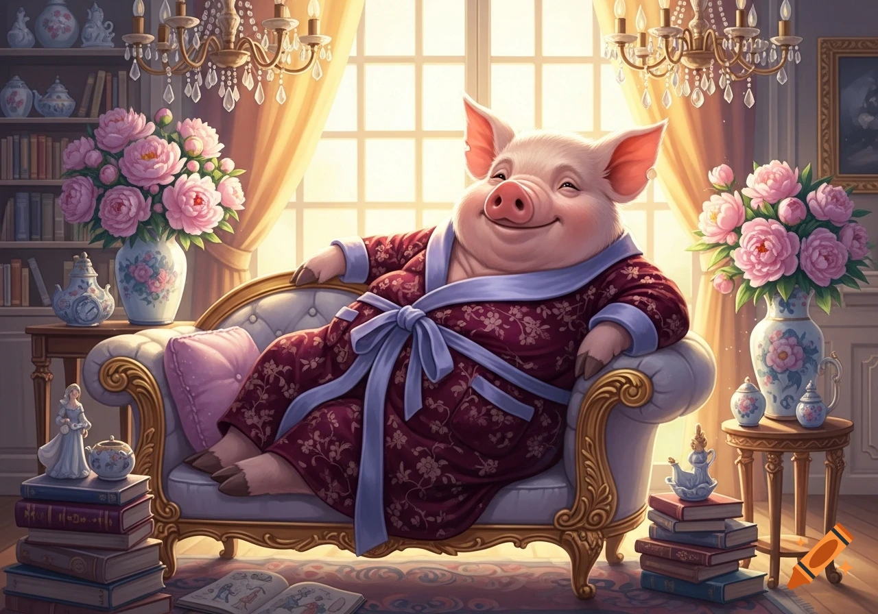 A happy, plump pig in a burgundy floral robe lounges on an ornate couch in a luxurious, sunlit room, in a stylized illustration.