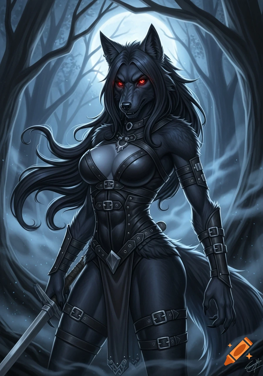 A black-furred female werewolf with glowing red eyes, wearing leather armor and holding a sword, stands in a dark forest under a full moon. Digital fantasy art.