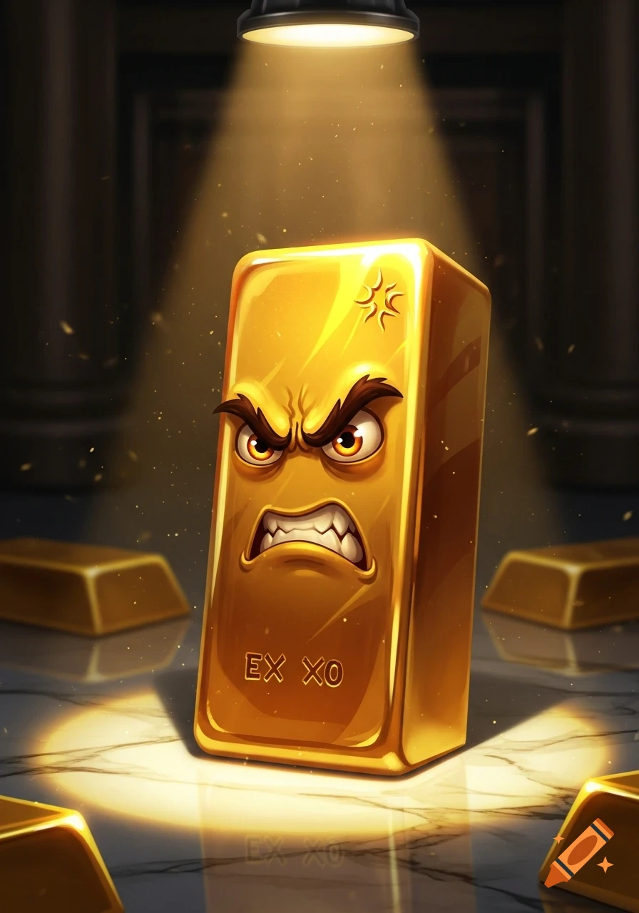 An angry cartoon gold bar with a scowl, under a spotlight in a vault, surrounded by other gold bars on a marble floor.