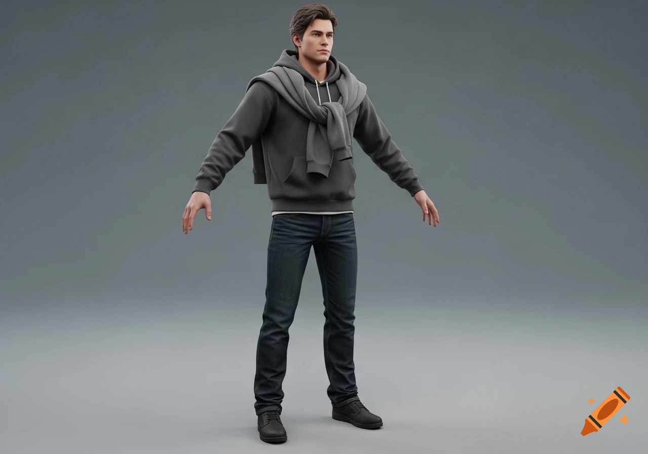 A 3D rendered man in an A-pose, wearing a dark grey hoodie, a grey sweater tied over his shoulders, blue jeans, and dark shoes, against a plain grey background.