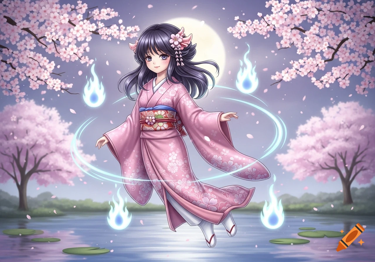 An anime girl in a pink kimono floats over a lake surrounded by cherry blossom trees, with blue mystical flames and a full moon.