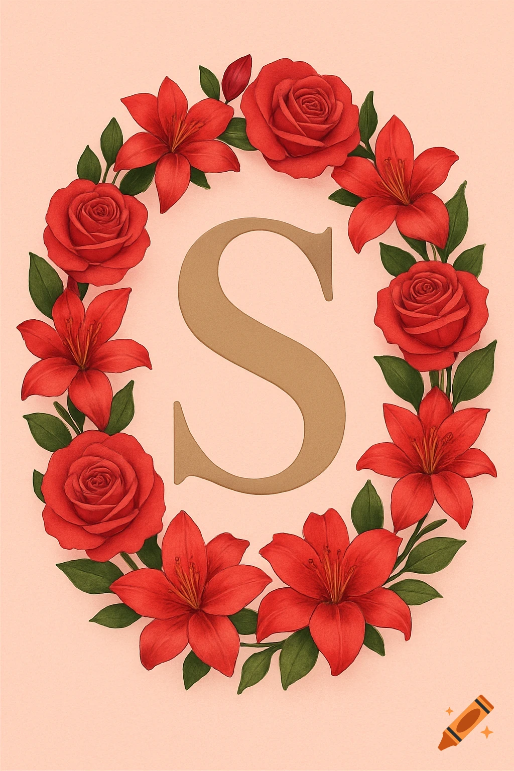A large beige letter S encircled by a wreath of red roses and lilies with green leaves on a textured pink background, in an illustrative style.