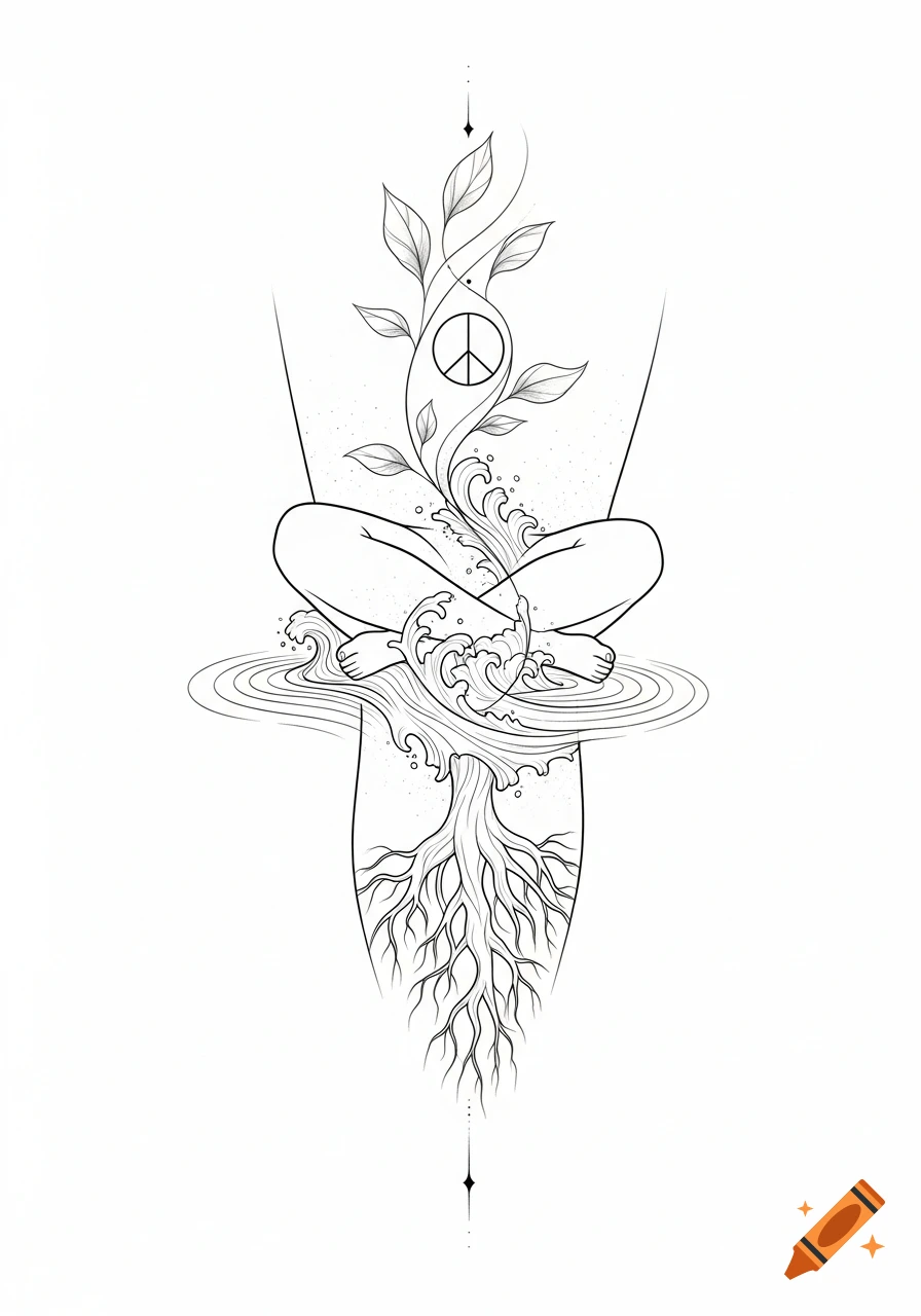 Minimalist black and white line art tattoo design of a meditating figure with roots, waves, leaves, and a peace symbol.