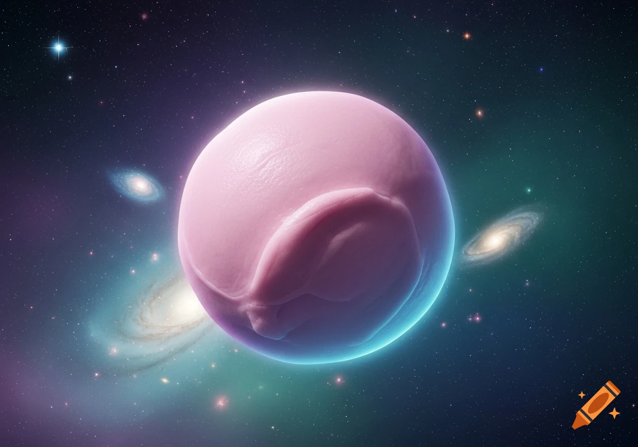 A smooth pink planet-like sphere floats in deep space, surrounded by sparkling stars and distant spiral galaxies.
