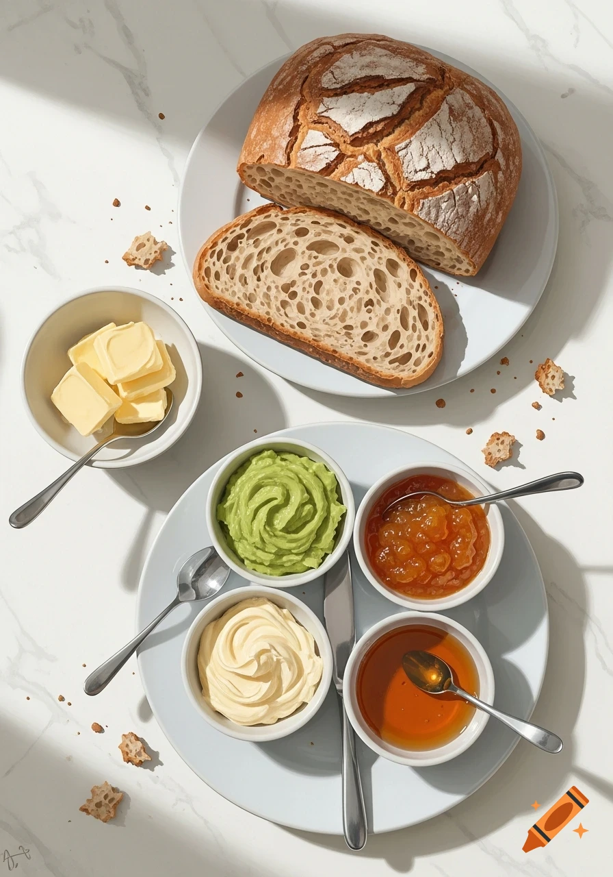 Photorealistic top-down view of sliced bread, butter, avocado spread, jam, and honey on a white marble counter, ready for breakfast.