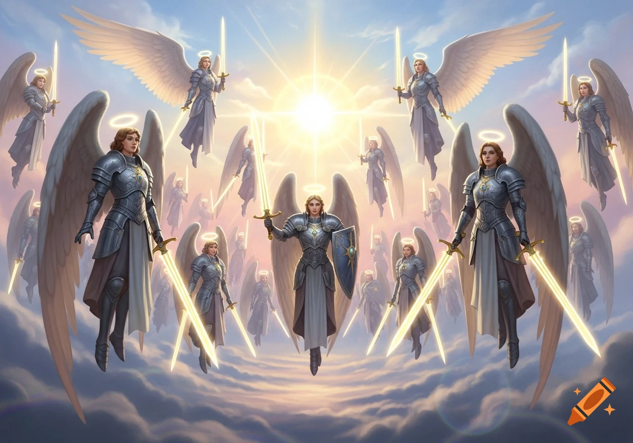 An army of armored female angels with wings and halos fly in the clouds, holding glowing swords, with a bright sun behind them.