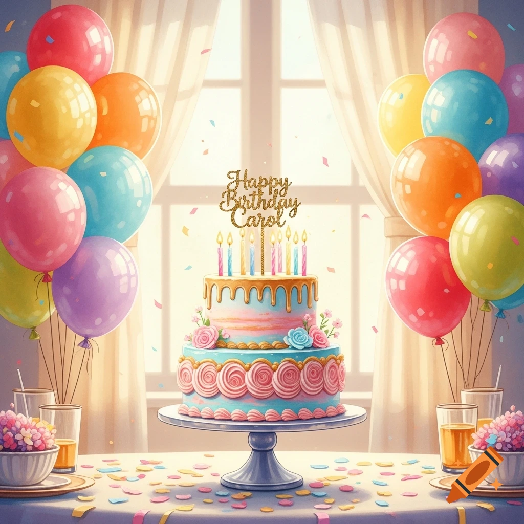A colorful two-tier birthday cake with candles and a 'Happy Birthday Carol' topper, surrounded by balloons and confetti on a table.
