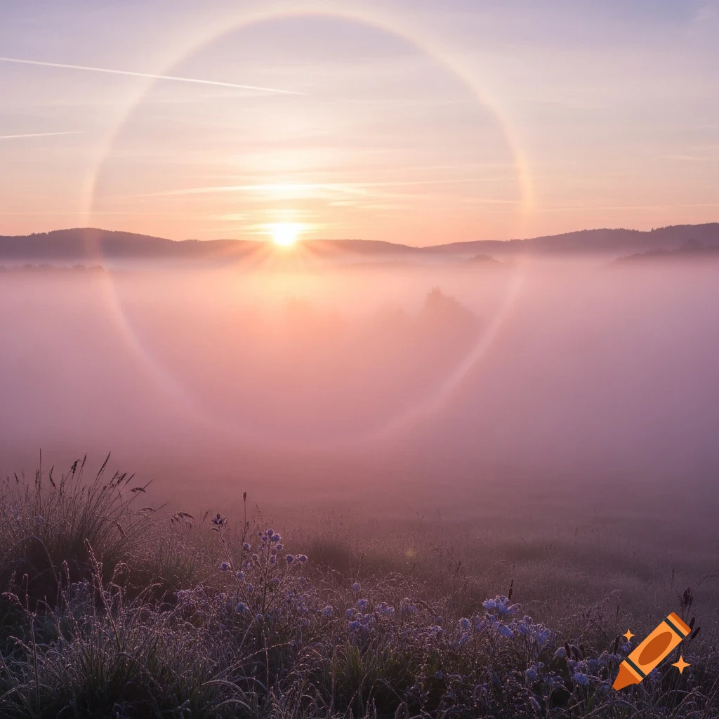 A serene sunrise over a misty field with a sun halo, revealing a foreground of frosty grass and purple flowers in a soft, pastel style.