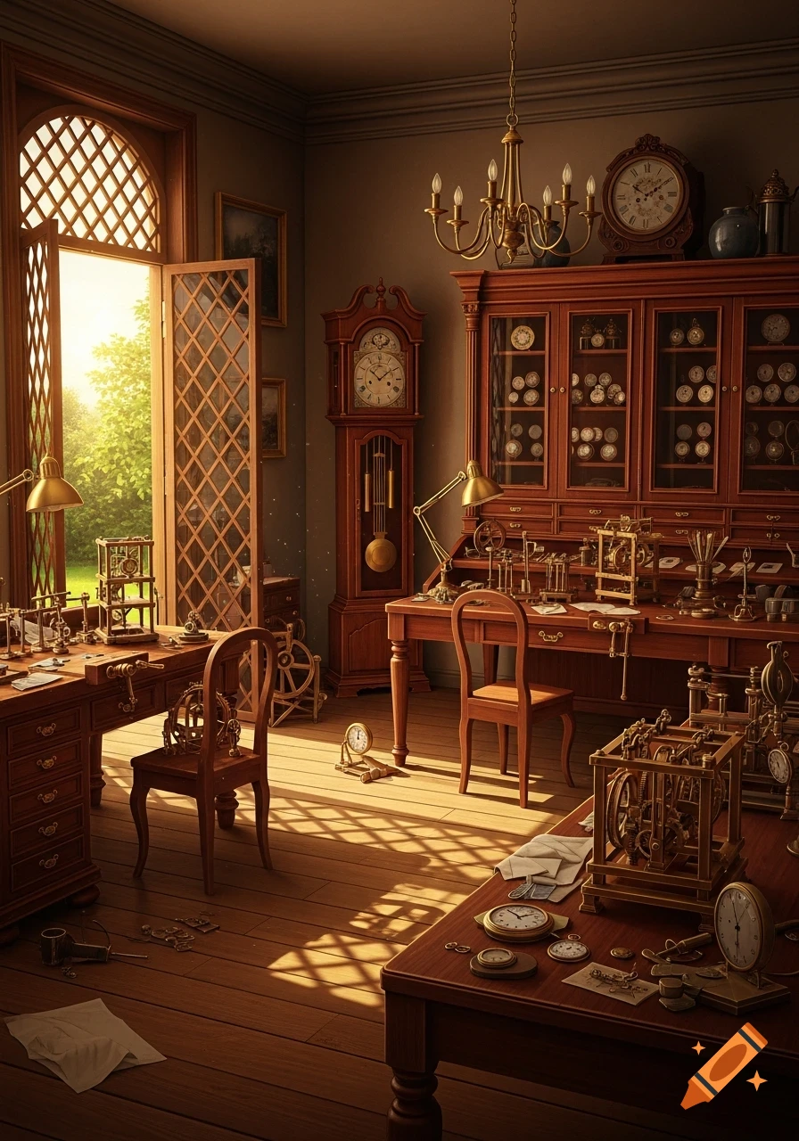 An 18th-century clockmaker's workshop, meticulously detailed, with sunlight streaming through a large open trellis window.