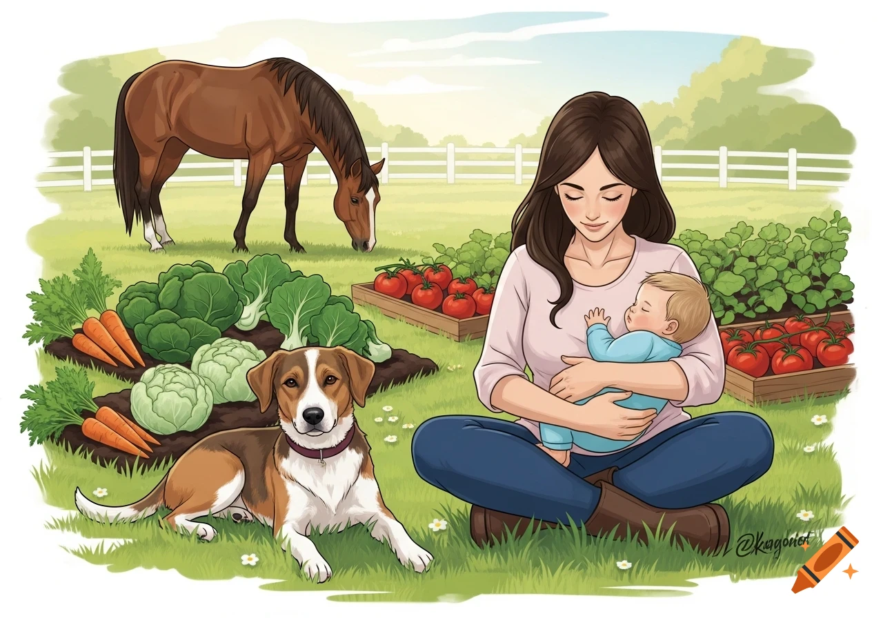 Cartoon illustration of a woman cradling a baby in a garden with a dog, horse, carrots, cabbage, and tomatoes.