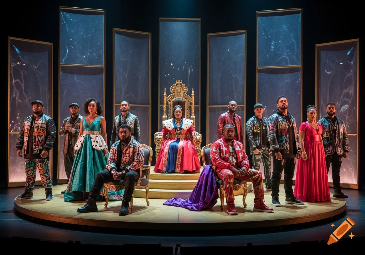 A cast of diverse actors in elaborate, modern-styled costumes, including a queen on a throne, on a theatrical stage.