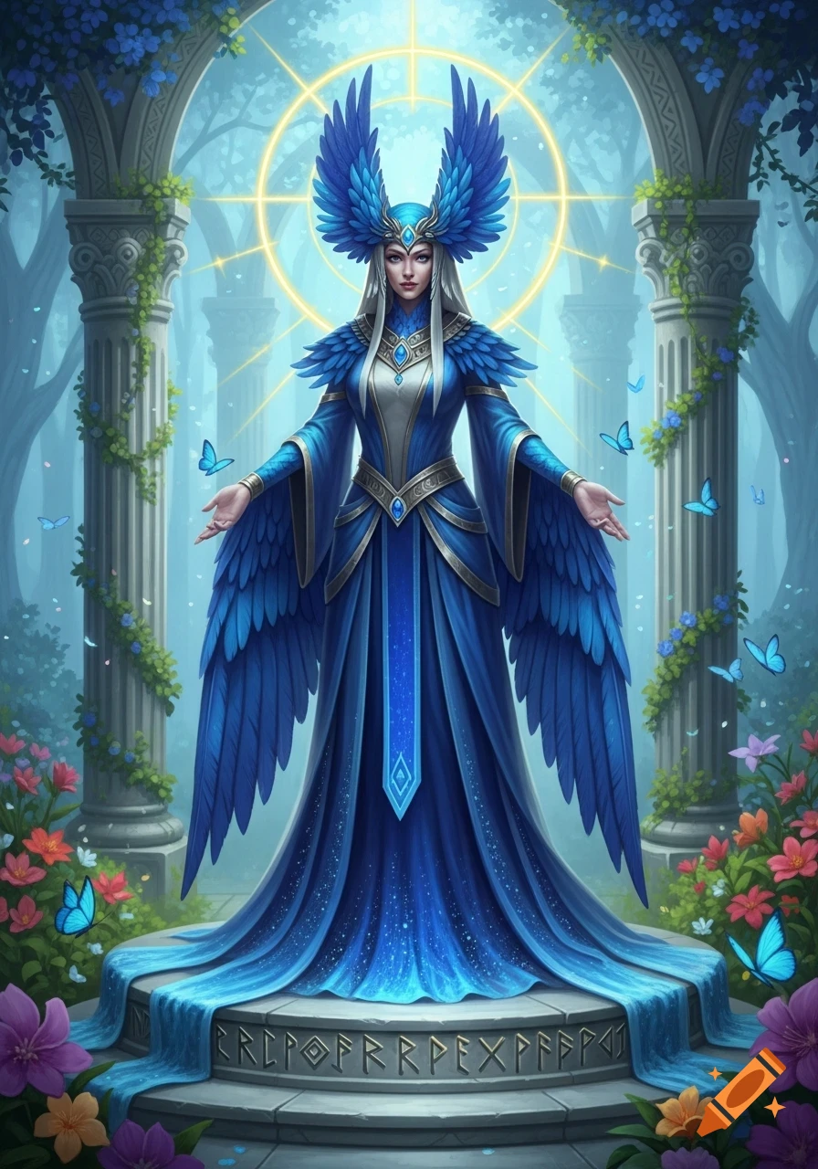 A majestic blue avian priestess goddess with winged headwear and shoulders stands on a runed pedestal in a mystical forest, surrounded by flowers and butterflies.