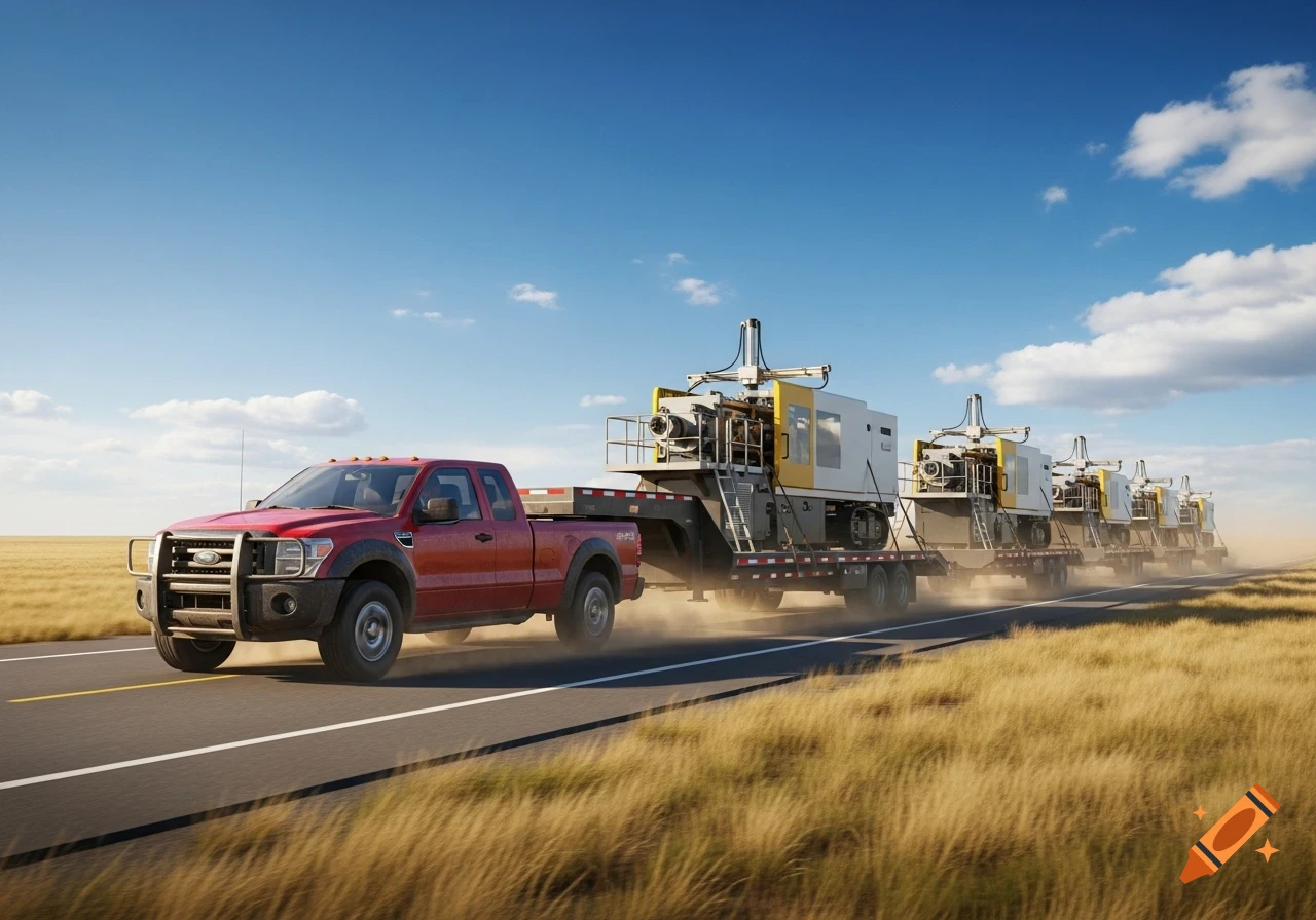 A red pickup truck tows a long line of flatbed trailers, each carrying a large yellow and white injection molding machine, across a flat, grassy landscape under a clear blue sky.